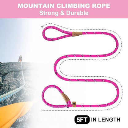 5 FT Slip Lead Dog Leash, Heavy Duty Rope Leash for Small Medium Large Dogs, No Pull Training Lead with Reflective Thread, Strong Comfortable Loop Leash (Pink Stripe, Medium(3/8"))