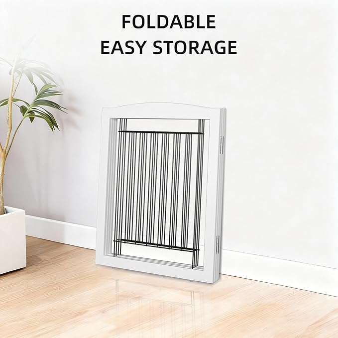 ZJSF Freestanding Dog Fence Indoor, Foldable Dog Gate for Doorways, Stairs or Hallways, Sturdy Wood Extra Wide Pet Gate with Support Feet for The House, White, 24 "Height-4 Panels