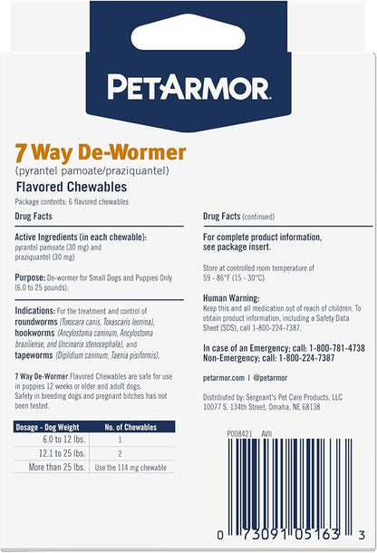 PetArmor 7 Way De-Wormer for Dogs, Oral Treatment of Tapeworm, Roundworm & Hookworm, Dewormer for Puppies & Small Dogs (6-25 lbs), Worm Remover (Praziquantel & Pyrantel Pamoate), 2 Flavored Chewables