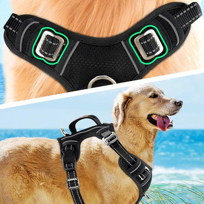 BARKBAY No Pull Dog Harness 3 Buckles Large Reflective Dog Harness with Front Clip and Easy Control Handle for Walking Training Running with ID tag Pocket(Black,M)