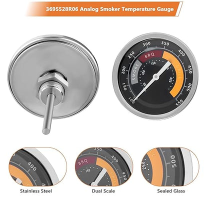3695528R06 Analog Smoker Temperature Gauge Compatible with Oklahoma Joe's Smokers and Most 13/16-inch Opening Charcoal Grills & Charcoal Smokers, BBQ Temp Gauge Stainless Steel Thermometer (1pack)