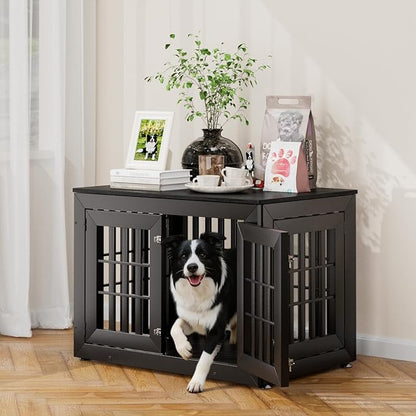 Snuowu 38" Heavy Duty Dog Crate Furniture for Small,Medium and Large Dogs,Rustic Wooden Dog Cage Kennel Indoor Furniture with Waterproof Top,Decorative Pet House Side End Table (Black)