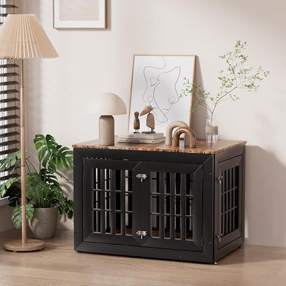 Snuowu 38" Heavy Duty Dog Crate Furniture for Small,Medium and Large Dogs,Rustic Wooden Dog Cage Kennel Indoor Furniture with Waterproof Top,Decorative Pet House Side End Table (Black & Wood)