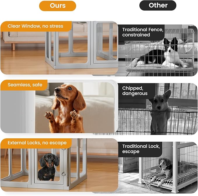Clear Acrylic Dog Playpen - 50 x 50 Inch, 24" H 12 Planes Transparent Dog Fence Indoor, Sturdy Pet Pen for Puppy/Small Dog/Rabbit/Pig, Easy Assemble & Cleaning Plastic Whelping Box Enclosure, Grey