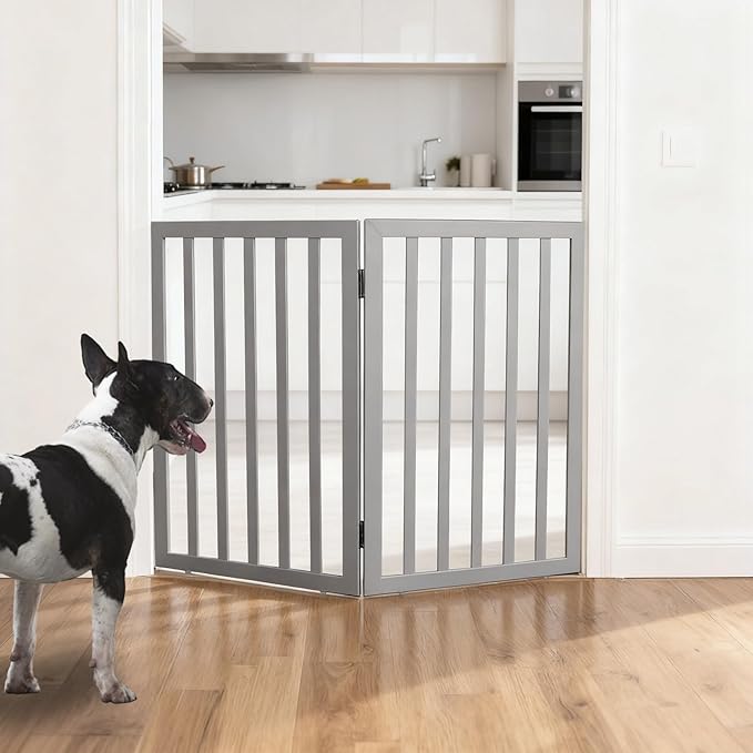 ZJSF Freestanding Indoor Dog Gate for House Foldable Wood Grey Puppy Gate for Doorways Pet Gate for Stairs Extra Wide Pet Fence 32" Height 2 Panels