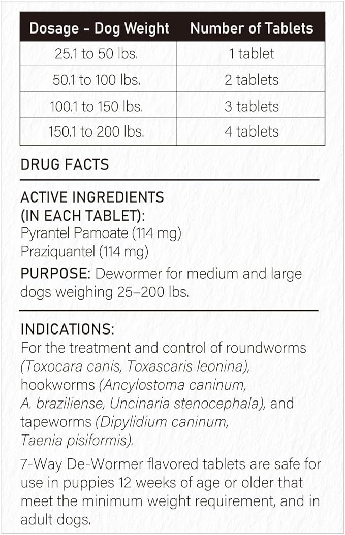 De-Wormer for Dogs, Oral Treatment for Tapeworm, Roundworm & Hookworm in Large Dogs & Puppies (Over 25 lbs), Worm Remover (Praziquantel & Pyrantel Pamoate), 50 Tablets