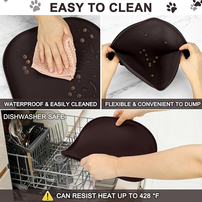 SMILOOL Small Silicone Pet Food Mat with Raised Edge for Food and Water Bowl, Square Dog Feeding Mats, Cat Food Trays for Floor Waterproof, Rubber Tray for Dogs and Cats, 12 x 12 x 0.7 Dark Brown