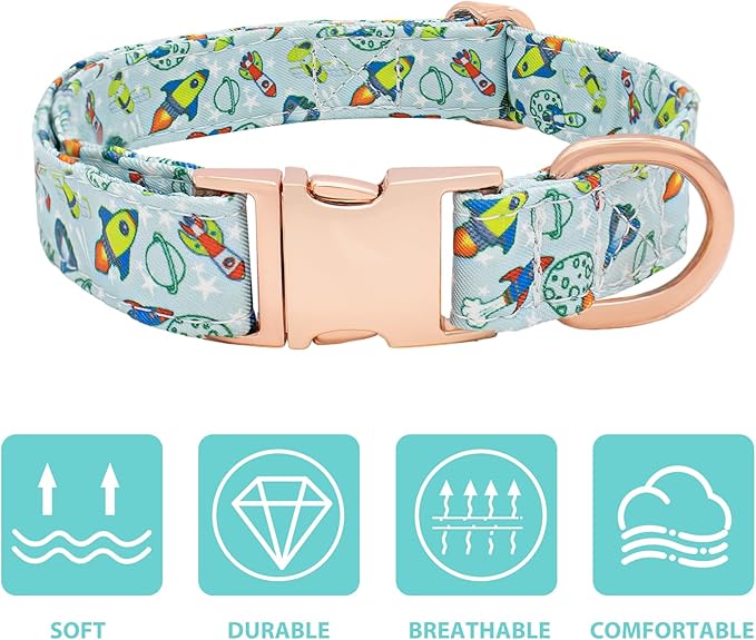 Dog Collar and Leash Set Adjustable Girls Puppy Floral Collars with Bow Tie for Small Medium Large Dogs(M, Rocket)