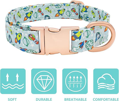 Dog Collar and Leash Set Adjustable Girls Puppy Floral Collars with Bow Tie for Small Medium Large Dogs(M, Rocket)