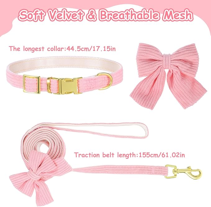 2pcs Dog Collar and Leash Set with Bowtie Cute Small Dog Collar Harness Leash Set Adjustable Breathable Soft Padded for Small Medium Puppy Dogs Metal Buckle Pink S
