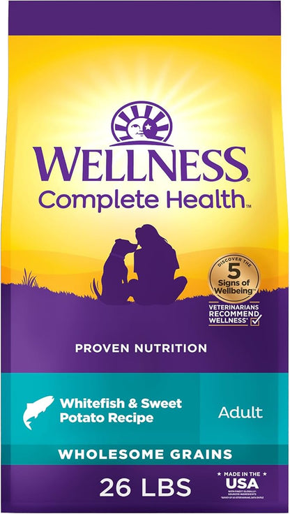 Wellness Complete Health Adult Dry Dog Food, Wholesome Grain Kibble, Natural, Chicken Free, Whitefish and Sweet Potato Recipe, 26 lb Bag