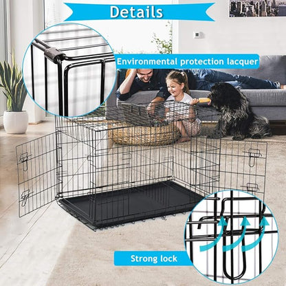 Dog Crate Dog Kennel Cage for Small Dogs, 24" Portable Foldable Indoor Outdoor Large Double Door Wire Metal Puppy Cat Pet Dog Cage with ABS Tray LC & Divider, Black