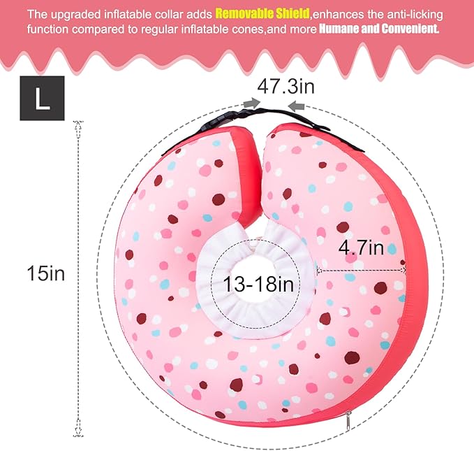 Dog Cone Collar Inflatable Donut for Large Medium Small Dogs, Soft Waterproof Dog Cone Alternative After Surgery Prevents Licking Wounds Easy Clean (Pink, L (Neck 13.5"-18"))