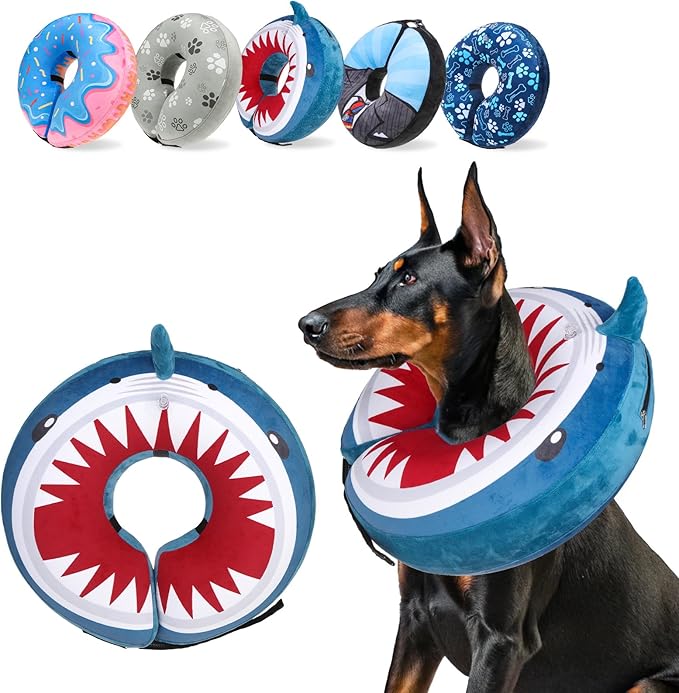 SCENEREAL Dog Cone Alternative After Surgery Pet Recovery Collar for Small Medium Large Dogs Cats, Adjustable Inflatable Donut to Prevent Licking, Shark Print E-Collars