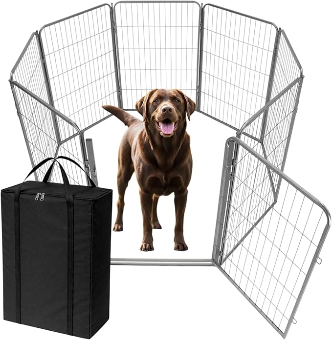 Dog Playpen w/Carrying Case for Indoor or Outdoor Use – 40 Inch, 8 Grey Panels - Portable Metal Exercise Pen for Medium & Large Dogs - Pet Fence Kennel Crate for House, RV, or Travel