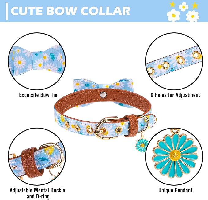 EXPAWLORER Small Collar and Leash Set - Embroidery Pawprints with Bow Tie and Bandana Collar with Bell, Soft Tangle Free Leash for Dogs Cats Outdoor Walking, Holiday Ideal Gift Blue Daisy S