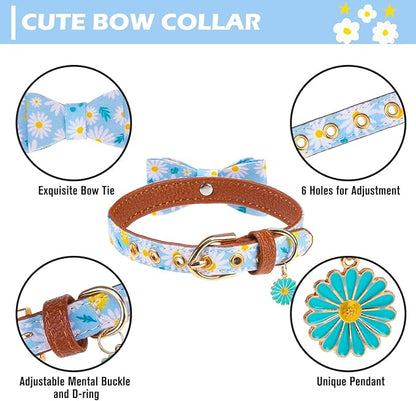 EXPAWLORER Small Collar and Leash Set - Embroidery Pawprints with Bow Tie and Bandana Collar with Bell, Soft Tangle Free Leash for Dogs Cats Outdoor Walking, Holiday Ideal Gift Blue Daisy S