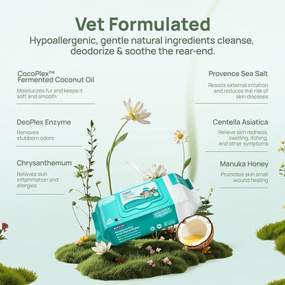 HICC PET Wipes for Dogs & Cats, Vet Recommended Cleaning Deodorizing & Soothing Allergy Infections Anal Gland Wipes, Hypoallergenic Hydrating & Nourish Fur Dog Grooming Wipes for Paw, Butt, Body