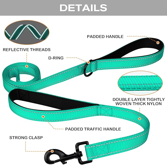 Joytale Dog Leash Heavy Duty for Large Dogs that Pull, Double Handle for Traffic Control, Double-Sided Reflective Leashes for Large Medium Dogs Night Safety, 5FT, Teal