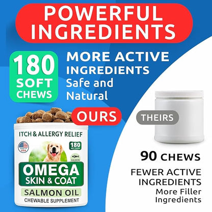 BARK&SPARK Omega 3 for Dogs - 360 Fish Oil Treats for Dog Shedding, Skin Allergy, Itch Relief, Hot Spots Treatment - Joint Health - Skin and Coat Supplement - EPA & DHA Fatty Acids - Salmon Oil