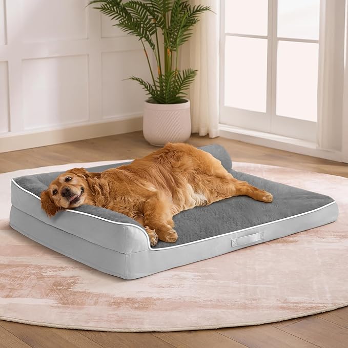 Dog Bed Large Sized Dogs, XL Orthopedic Dog Bed for Large Dogs 42"x30"x7.5", Waterproof Pet Bed with Washable Removable Cover, L-Shaped Pet Couch with Portable Handle, Grey Flannel