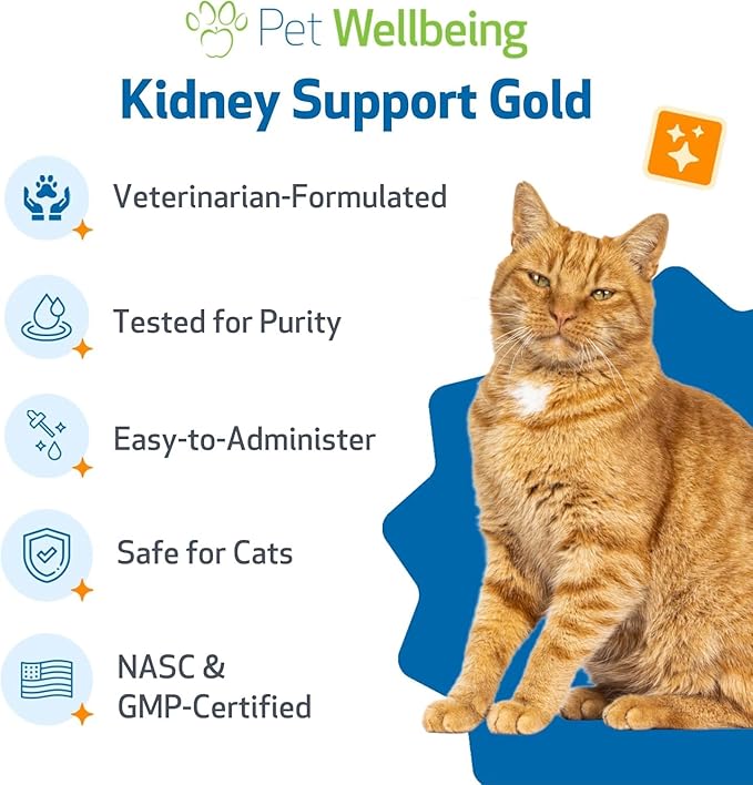 Pet Wellbeing Kidney Support Gold for Cats - Supports Normal Kidney Function & Detox, Healthy Hydration & Energy with Rehmannia & Dong Quai - NASC Certified & Vet-Formulated - 2oz Liquid Formula