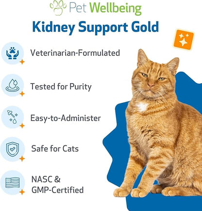 Pet Wellbeing Kidney Support Gold for Cats - Supports Normal Kidney Function & Detox, Healthy Hydration & Energy with Rehmannia & Dong Quai - NASC Certified & Vet-Formulated - 2oz Liquid Formula
