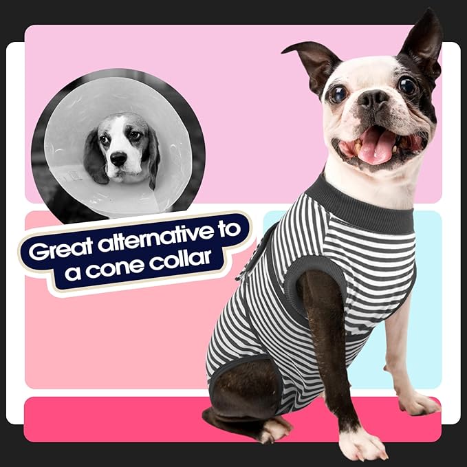 FUAMEY Dog Recovery Suit Male,Dogs Surgery Neuter Suits Puppy Spay Shirts for Female Protect Dog's Skin Anti Licking Abdominal Wounds Doggie Onesie Pet Bodysuit Alternative to Cone Gray Stripes XS