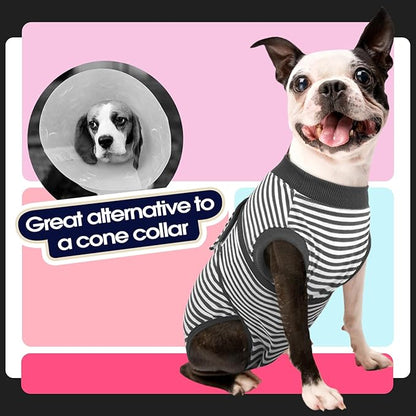FUAMEY Dog Recovery Suit Male,Dogs Surgery Neuter Suits Puppy Spay Shirts for Female Protect Dog's Skin Anti Licking Abdominal Wounds Doggie Onesie Pet Bodysuit Alternative to Cone Gray Stripes L