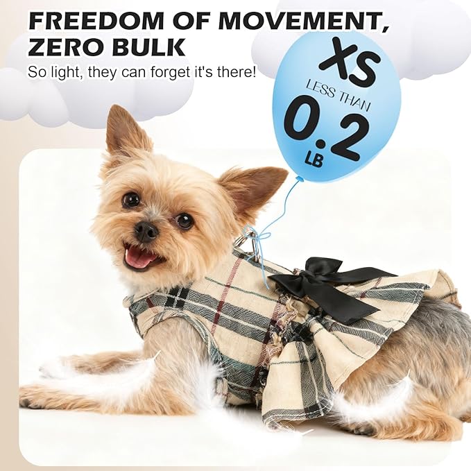 EXPAWLORER Dog Harness Small Medium Sized Dogs, Plaid Dog Dress Bowknot Harness and Leash Set, No Choke No Pull Soft Mesh Vest Cute Princess Puppy Outfits Clothes Costume for Girls Party Cats Beige S
