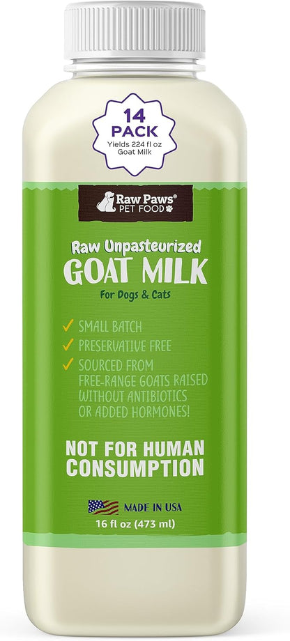 Raw Paws Raw Unpasteurized Goat Milk for Dogs & Cats, 16-oz, 14 Pack - Pet Milk Replacer for Puppies & Kittens, Goat Supplement for Dogs, Sensitive Stomach Dog Food Topper, Frozen Raw