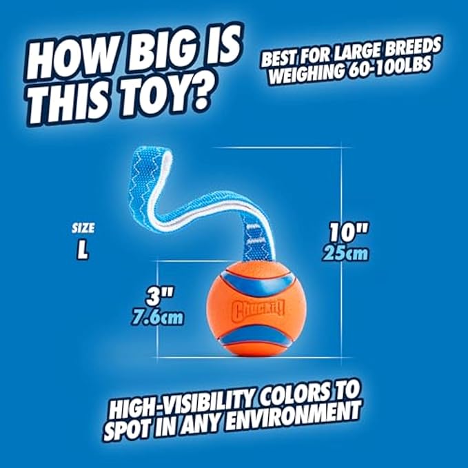 Chuckit! Ultra Tug Dog Toy - Ultra Ball on a Durable Nylon Cord Handle - Fetch and Tug-of-War Toy for Dogs - Size Large - For Breeds 60-100 lbs - 3-inch Diameter - Orange and Blue