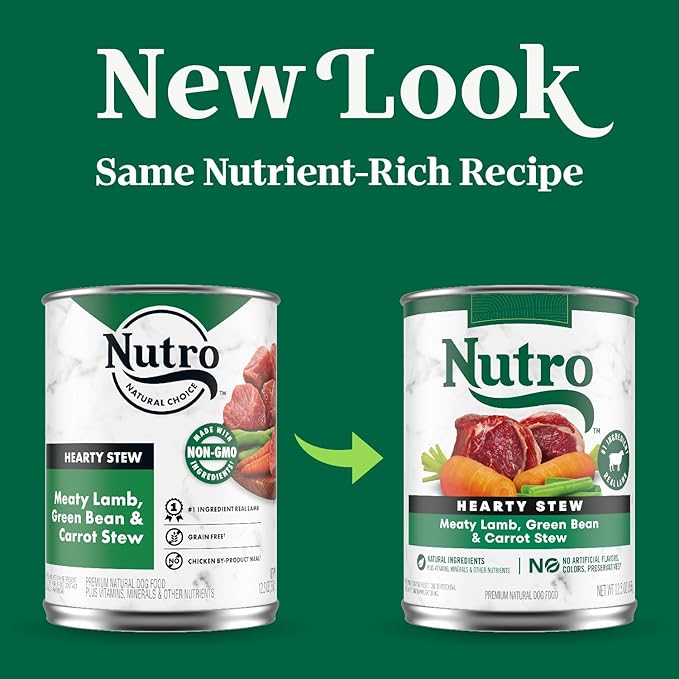 Nutro Hearty Stew Canned Wet Dog Food, Natural Grain Free Dog Food Wet Cuts in Gravy Meaty Lamb with Green Bean & Carrot Stew, 12.5 oz Cans (12 Count, Pack of 1)