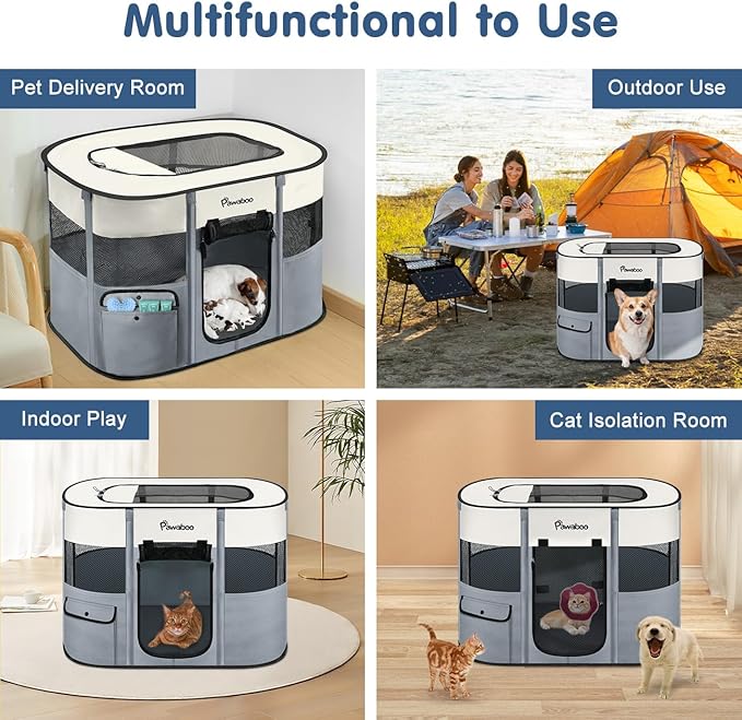 Dog Playpen, Portable Pet Cat PlayPen, 600D Oxford Dog Kennel Tent Crate, Waterproof&Breathable, Indoor Outdoor Travel Camping for Medium/Large Breed with Carrying Case+Bowl(M), Gray