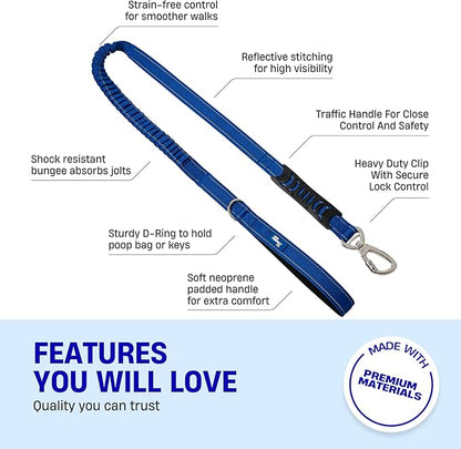 Dog Friendly Co. Bungee Dog Leash | Strain Free & Shock Resistant for Control | Neoprene Padded Handle, Heavy-Duty Carabiner Clip, and D-Ring | Classic Blue, Size Small
