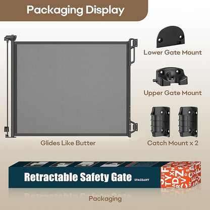 SPACEANY Retractable Safety Baby Gate or Mesh Dog Gate,Durable Portable Mesh Retractable Gate,Easy to Use for Stairs, Doorways, Hallways, Indoor, Outdoor, 33.5" Tall, Up to 55" Wide, Black
