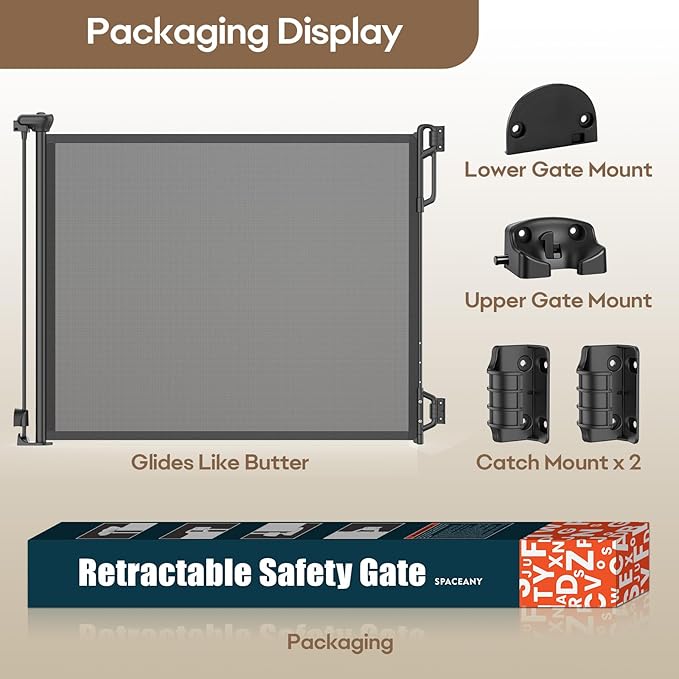 SPACEANY Retractable Safety Baby Gate or Mesh Dog Gate,Durable Portable Mesh Retractable Gate,Easy to Use for Stairs, Doorways, Hallways, Indoor, Outdoor, 33.5" Tall, Up to 45" Wide, Black