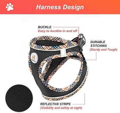 Hipubby Dog Harness Small Sized and Leash Set, No Pull Soft Mesh Puppy Vest, Reflective Breathable Lightweight Pet Harness, Harness for Small Medium Dogs and Cats - Black/Khaki Trim, L