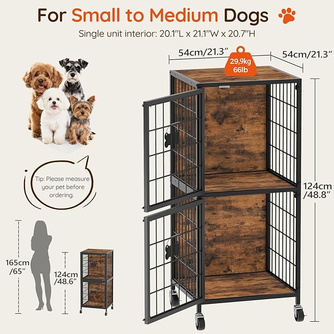 MAHANCRIS Dog Crate Furniture for 2 Dogs, 48.8" Tall Double Dog Kennel Furniture for Small Medium Dogs, 2-Tier Dog Cage End Table with Name Tags & Wheels, Decorative Dog House, Rustic Brown DCHR5401