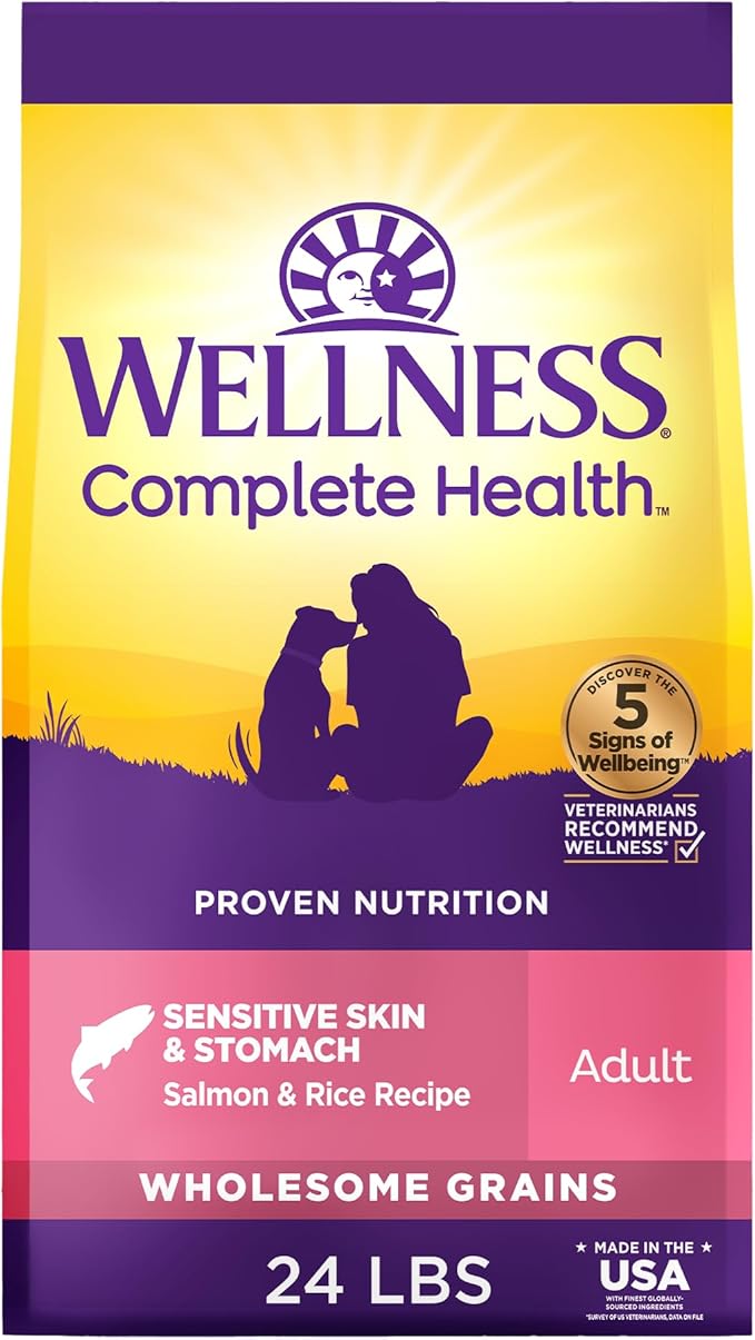 Wellness Complete Health Sensitive Skin and Stomach Dry Dog Food, Wholesome Grain Kibble, Natural, Chicken Free, Salmon and Rice Recipe, 24 lb Bag