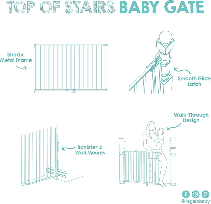 Regalo Safety 29-43" Top of Stairs Baby Gate, Extra Wide Baby Gate, Extra Wide Hardware Mounted Stair Gate with Banister & Wall Mount Kit, Walk-Through Safety Gate with Door for Toddlers & Pets