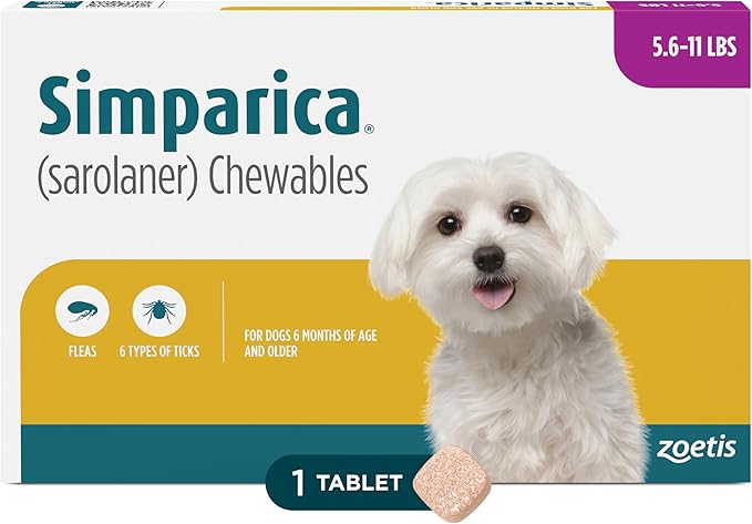 Simparica (sarolaner) Chewables for Dogs, 10 mg/tab, 5.6-11 lbs (Purple), 1 Tablet