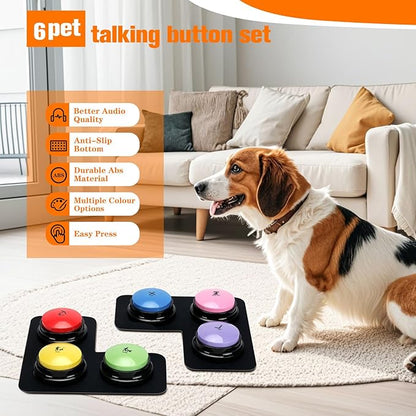 Dog Buttons for Communication, 6 Pcs Dog Talking Button Set, 30s Voice Recording Speaking Button Pet Speech Training Buzzers with 30 Scene Stickers and Waterproof Anti-Slip Mat for Animal Training