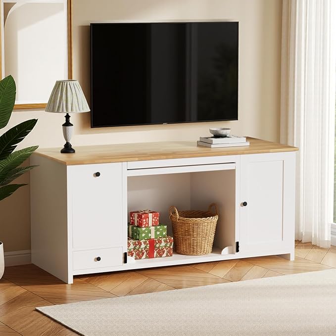 55 ” Wooden Dog Crate Furniture for Medium Dogs, End Table Sideboard Heavy Duty Dog House TV Stand with Pull-Out Feeding Station, Storage Cabinets and Drawer, Decorative Indoor White