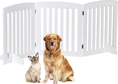 Dog Gate 61 x 24 Inch Freestanding Indoor Pet Door for House Doorways Stairs Halls, Foldable Wood Safety Fence 3 Panels, White