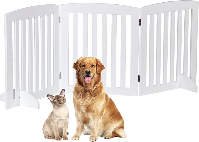 Freestanding Pet Dog Gate 24 Inch Foldable Dog Fence Indoor 3 Panel Extra Wide Wooden Door for Stairs Hallways Doorways