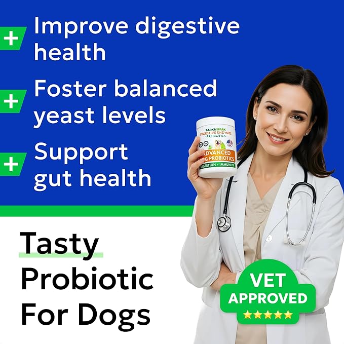 Bark&Spark Vet Strength Dog Probiotics Chews - 60 Billion CFU per jar - Digestive Enzymes for Dogs Gut Health - Chewable Supplement for Diarrhea, Gas, Constipation, Upset Stomach Relief (120 Ct)