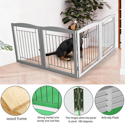 ZJSF Freestanding Foldable Dog Gate for House Extra Wide Wooden Grey Puppy Gate Stairs Dog Gates Doorways Tall Pet Gate 24" Height 4 Panels Pet Fence