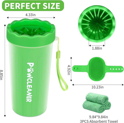 Professional 7 in 1 Dog Paw Cleaner for Dogs & Cats - Includes 1 Portable Paw Washer, 1 Bath Brush, 2 Dog Toothbrushes and 3 Absorbent Towels Note: Fits Paws 2.5 to 3.5 Inches Wide (Large, Green)