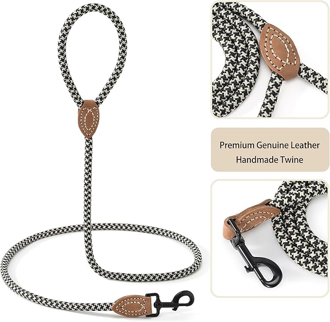 Mile High Life Rope Leash with Genuine Leather Connection, 6 FT/5 FT/4 FT, Heavy Duty Leash for Medium & Large Dogs (Black Khaki, 72 Inch)